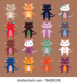 A large set of cute multi-colored cats. Funny cartoon kittens.