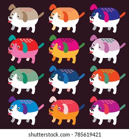 A large set of cute multi-colored dogs. Funny cartoon puppies.
