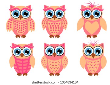 Large set of cute owls with big eyes in a trendy coral color, design, spring concept