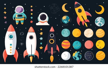 Große Menge süßer Weltraumobjekte im Raum. Raumschiffe, Planeten, Sterne, Astronaut, Erde, Mond, Rakete. Zeichnete Vektorgrafik. Skandinavischer Cartoon. Konzept für den Druck von Kindern.