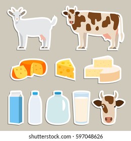 A large set of dairy products and animals giving milk.Stickers, patches in a flat style, isolated on a light background