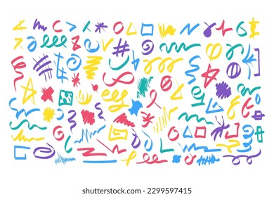Large set of dashes lines iconic symbols hand drawn with multicolored felt-tip, pens, markers. Underline stroke, hatching, circle, square, triangle. Big simple colorful vector kit isolated on white