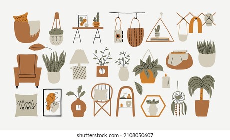 A large set of decor elements, furniture in boho and Scandinavian style. Cozy interior items, clipart. Hand drawn vector illustration.