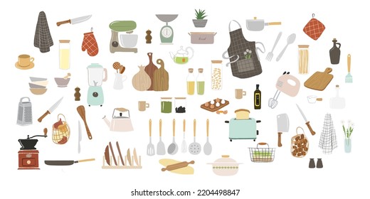 Large set of decorative clips: kitchen items, utensils, dishes, kitchen utensils, culinary elements in the flat style, isolated on white. Hand-drawn animation vector illustration.