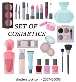 A large set of decorative cosmetics. Eye shadow, lipsticks, nail polish, powder and mascara. Vector illustration isolated on a white background