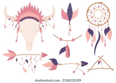 A large set of decorative elements in boho style on a transparent background.