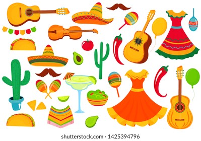 A large set of decorative elements for the design of a poster, banner, flyer, greeting card, advertising for the national Mexican holiday. Musical instruments, local food, clothing