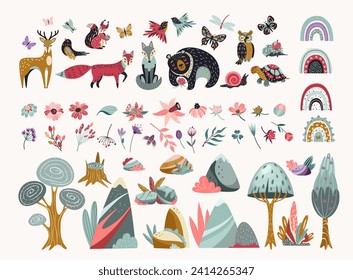 Large set of decorative fantastic elements of plants and animals. Isolate on white background, vector.