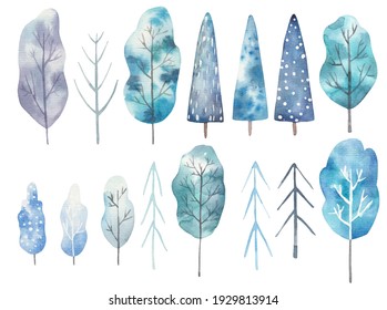 large set of decorative scandinavian trees, cute and blue, childrens illustration in watercolor