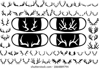 Large set of deer antlers. Prints on the mask. Images for different purposes. Vector illustration.