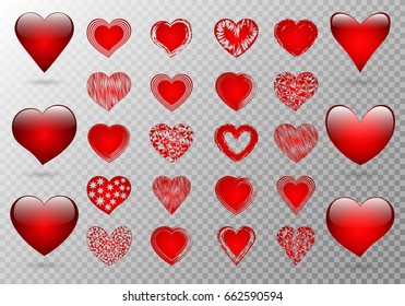 A large set of delicate and voluminous hearts for a romantic decoration on a transparent background
