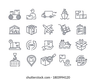 Large set of delivery icons for packages showing shipping, deliverymen, transport logistics and tracking, black and white vector illustration