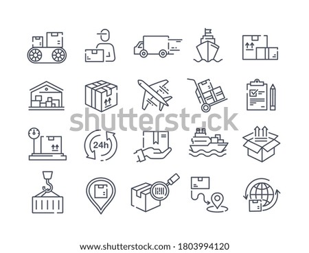 Large set of delivery icons for packages showing shipping, deliverymen, transport logistics and tracking, black and white vector illustration