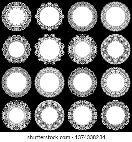 Large  set of design elements, lace round paper doily, doily to decorate the cake, template for cutting, greeting element,  snowflake, laser cut;  vector illustrations