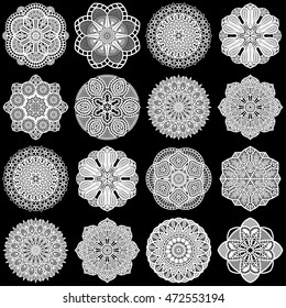 Large  set of design elements, lace round paper doily, doily to decorate the cake, template for cutting, greeting element,  snowflake, laser cut;  vector illustrations