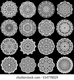 Large  set of design elements, lace round paper doily, doily to decorate the cake, template for cutting, greeting element,  snowflake, laser cut;  vector illustrations