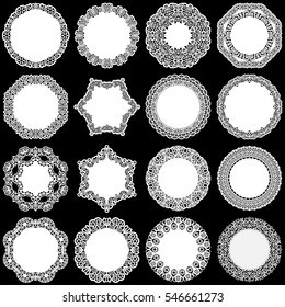 Large  set of design elements, lace round paper doily, doily to decorate the cake, template for cutting, greeting element, laser cut;  vector illustrations