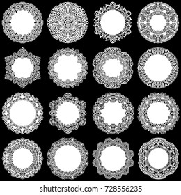 Large  set of design elements, lace round paper doily, doily to decorate the cake, template for cutting, greeting element,  snowflake, laser cut;  vector illustrations