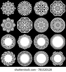 Large  set of design elements, lace round paper doily, doily to decorate the cake, template for cutting, greeting element,  snowflake, laser cut;  vector illustrations