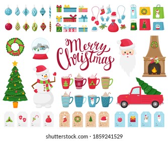 A large set of design elements on the theme of winter and Christmas. A collection of flat-style decorations. Cartoon characters, Christmas tree, gifts, Christmas toys. Isolated on a white background