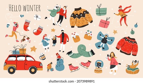 A large set of design elements for winter holidays. Winter events, sports. People in warm clothes. Children make a snowman, play with snow. Cozy sweaters. Gifts, car, skates, scarf. Hand-drawn. Vector