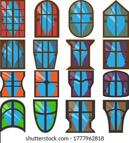 A large set of designer's sixteen elements, Windows of different shapes. Vector illustration.
