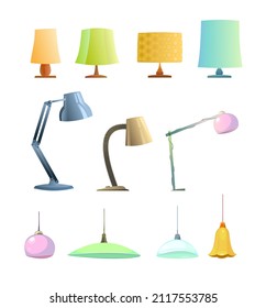 Large set of desktop office floor lamps. Modern minimalist torchere design. For work table. Cartoon style. Object isolated on white background. Vector.