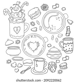 large set of desserts and dishes in style of hand-drawn linear doodles. Cup of tea and cream dessert, coffee, spoon and sugar bowl, biscuits, Macaroons. Vector illustration. isolated outline drawing