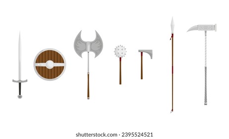 Un gran conjunto de armas medievales detalladas aisladas en un fondo blanco. Incluido: espada, escudo, encaje con espigas, hacha, hacha de batalla (labrys), lanza, martillo de acero. Ilustración vectorial.