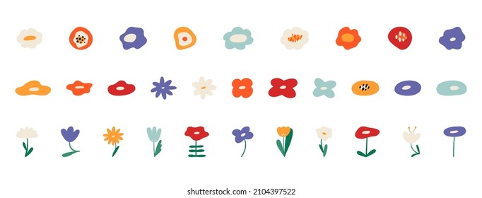 Un gran conjunto de diferentes flores abstractas. Pieza botánica con flores aisladas en un fondo blanco. Ilustración de vector plana colorida