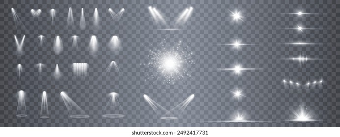 Un Grande conjunto de diferentes efectos de luz abstracta: foco, resplandor, explosión, chispa, polvo, línea, llamarada solar, chispas y estrellas, remolinos. Reflejo de la luz del cristalino