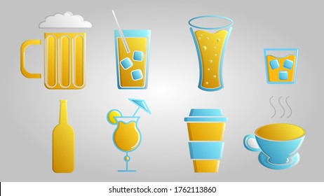 A large set of different alcoholic and non-alcoholic delicious invigorating drinks coffee tea tea beer whiskey cocktails on a white background.