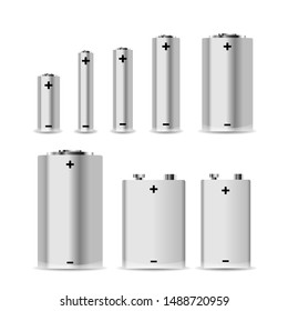 Large set of different alkaline batteries isolated on white