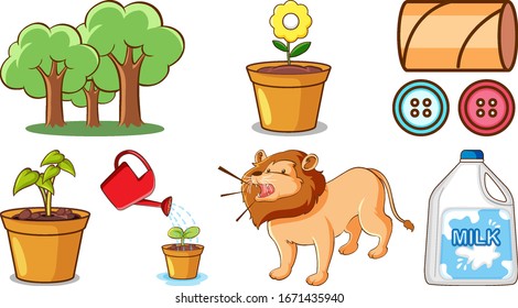 Large set of different animals and other objects on white background illustration
