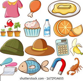Large set of different animals and other objects on white background illustration