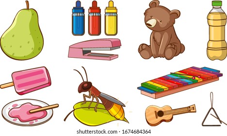 Large set of different animals and other objects on white background illustration