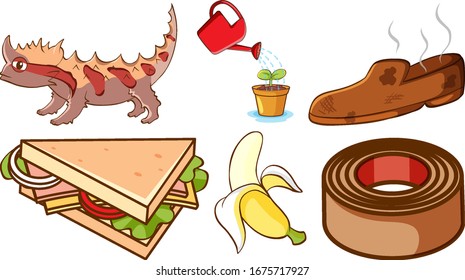 Large set of different animals and other objects on white background illustration