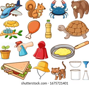 Large set of different animals and other objects on white background illustration