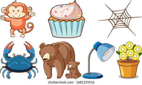 Large set of different animals and other objects on white background illustration
