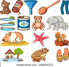 Large set of different animals and other objects on white background illustration