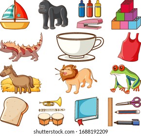 Large set of different animals and other objects on white background illustration