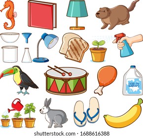 Large set of different animals and other objects on white background illustration