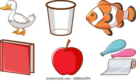 Large set of different animals and other objects on white background illustration