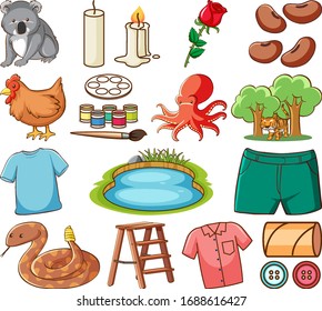 Large set of different animals and other objects on white background illustration