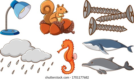 Large set of different animals and other objects on white background illustration