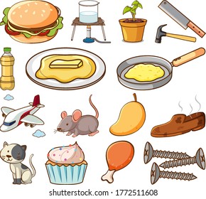 Large set of different animals and other objects on white background illustration