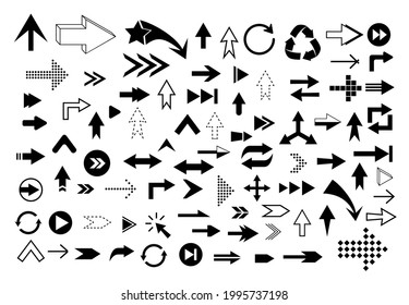 A large set of different arrows in a flat style. Elements for decoration and design. Vector illustration.