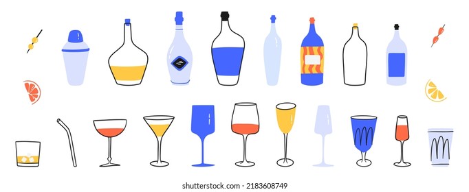 Gran conjunto de botellas y vasos diferentes. Botellas de alcohol de mano. Gafas modernas y elegantes para el vino, el champán y los cócteles. Conjunto de ilustraciones para una fiesta. Elementos vectoriales aislados