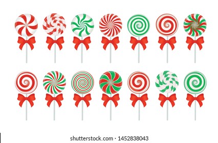 Large set of different bright red and green lollipops on white. Candy canes with a red bow. Striped candy without wrapper. Vector design element for Christmas dessert food new year greeting card etc