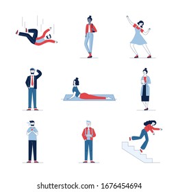Large set of different cartoon people. Flat vector illustrations of man and woman using phone, dancing, stumbling. Activity and lifestyle concept for banner, website design or landing web page